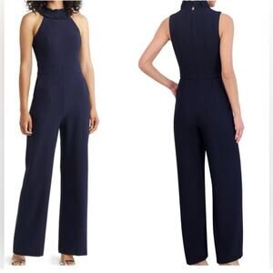 Eliza J Straight Leg Ruffle Halter Neck Jumpsuit Sleeveless Navy Size 12 NWT